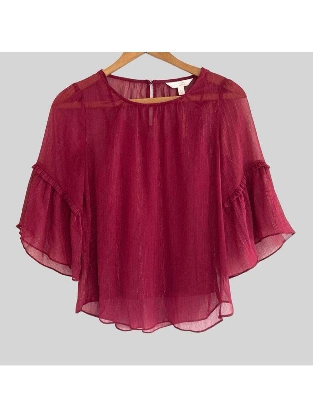 Y2K Sheer PolyChiffon Top XS Burgundy & Metallic Pagoda  Bell Sleeve Whimsigoth